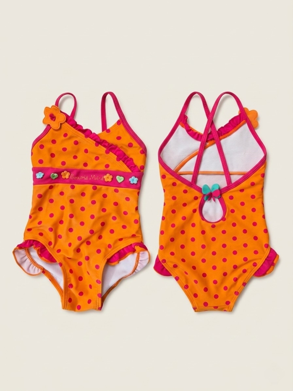 Souris Mini Orange Pink Polka Dot Baby Girl Swimsuit Infant Size 24M